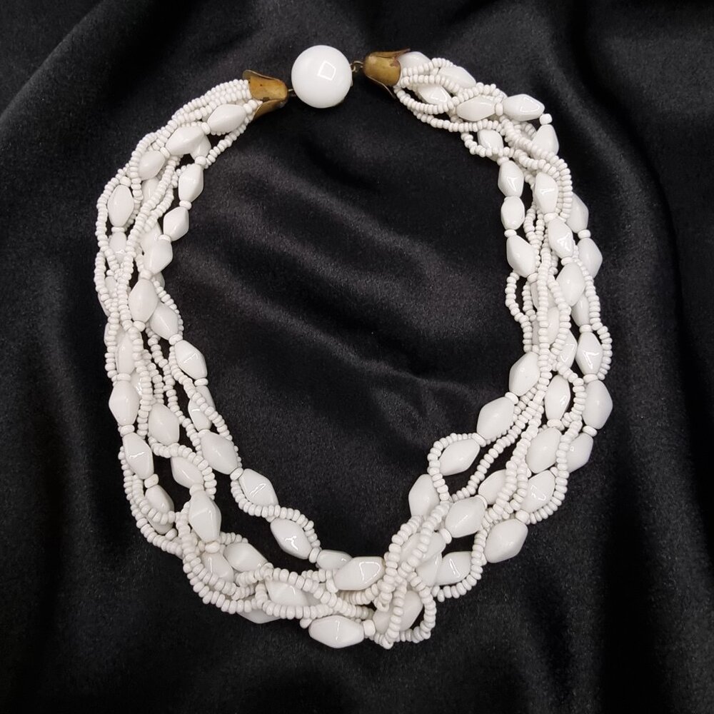 Vintage 1950s Czechoslovakian Signed White Beaded Multi-Strand Choker Necklace W